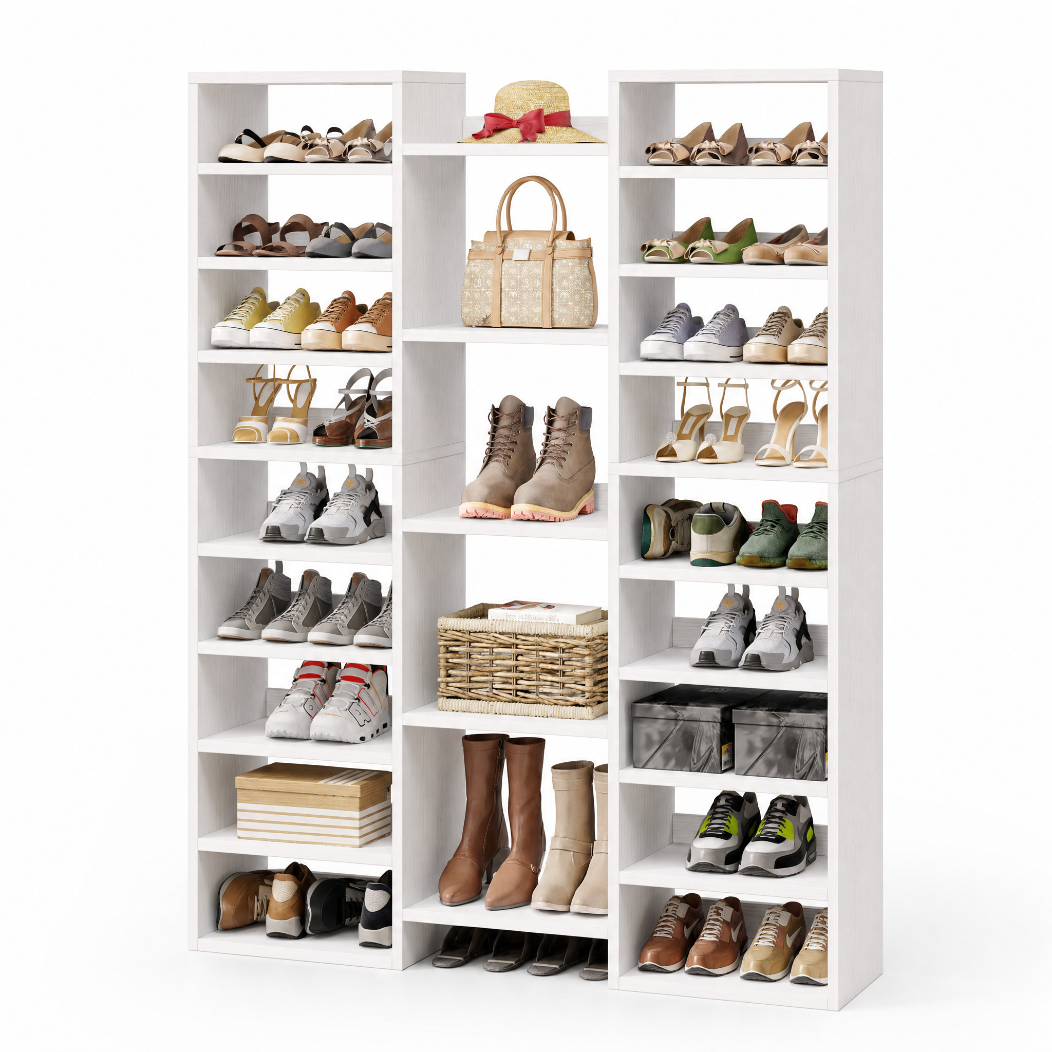 White Wood 14-Tier Shoe Rack with 22 Open Cubbies for Entryway — Holds 46 Pairs