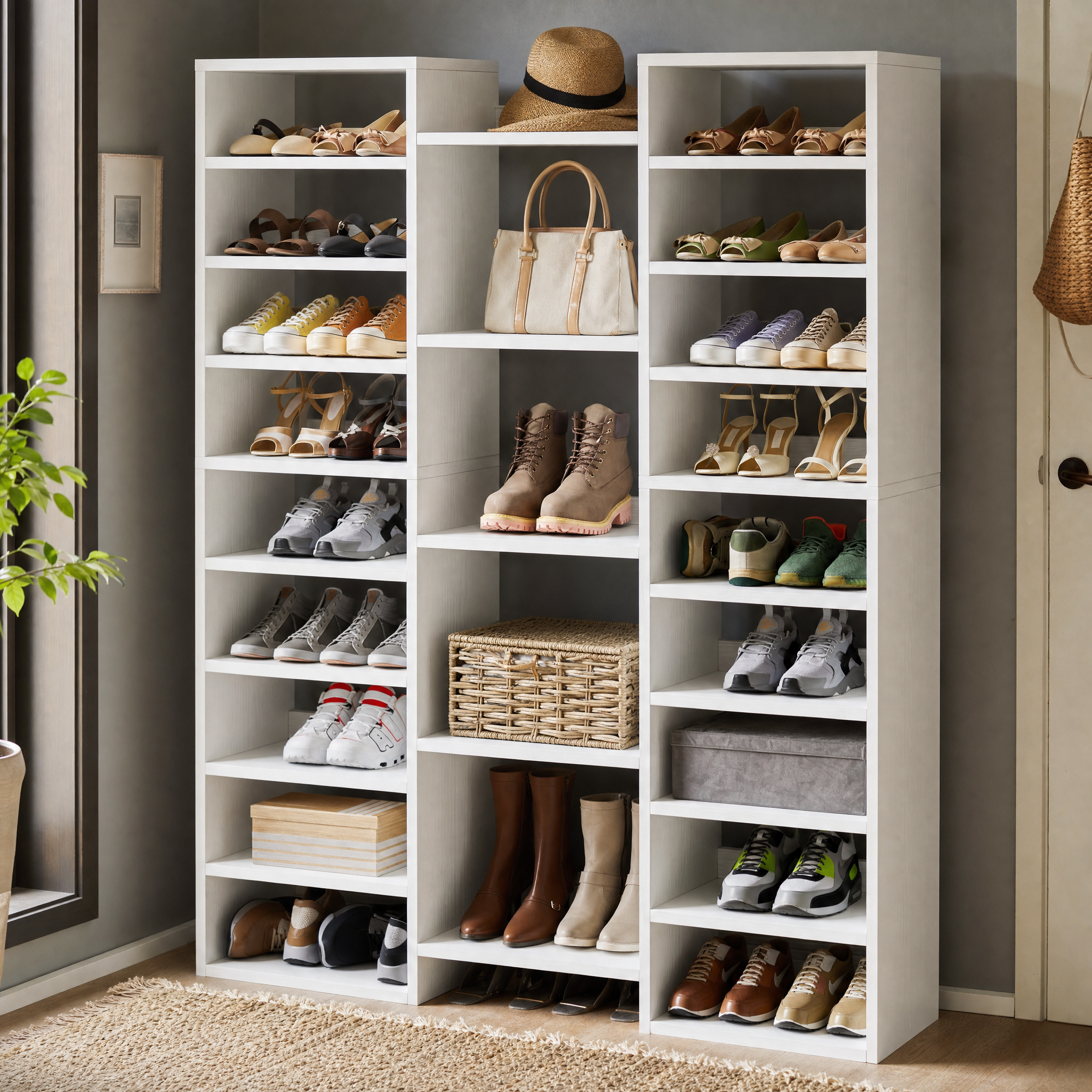 White Wood 14-Tier Shoe Rack with 22 Open Cubbies for Entryway — Holds 46 Pairs