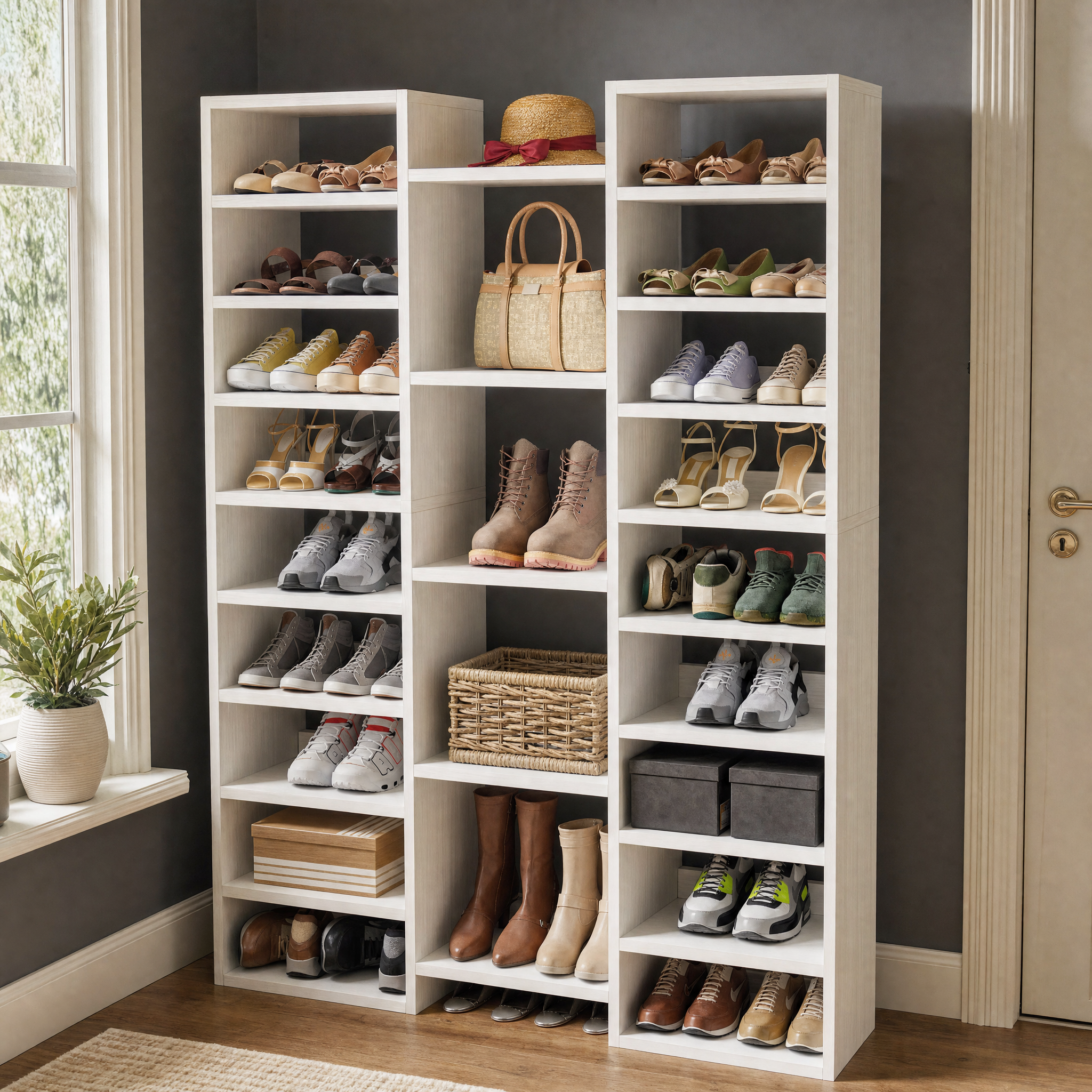 White Wood 14-Tier Shoe Rack with 22 Open Cubbies for Entryway — Holds 46 Pairs