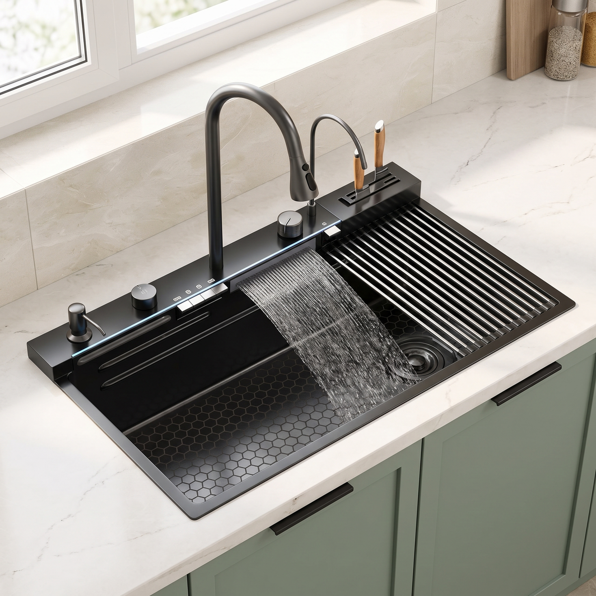 Black stainless steel waterfall workstation kitchen sink with knife block and roll-up rack in a modern kitchen