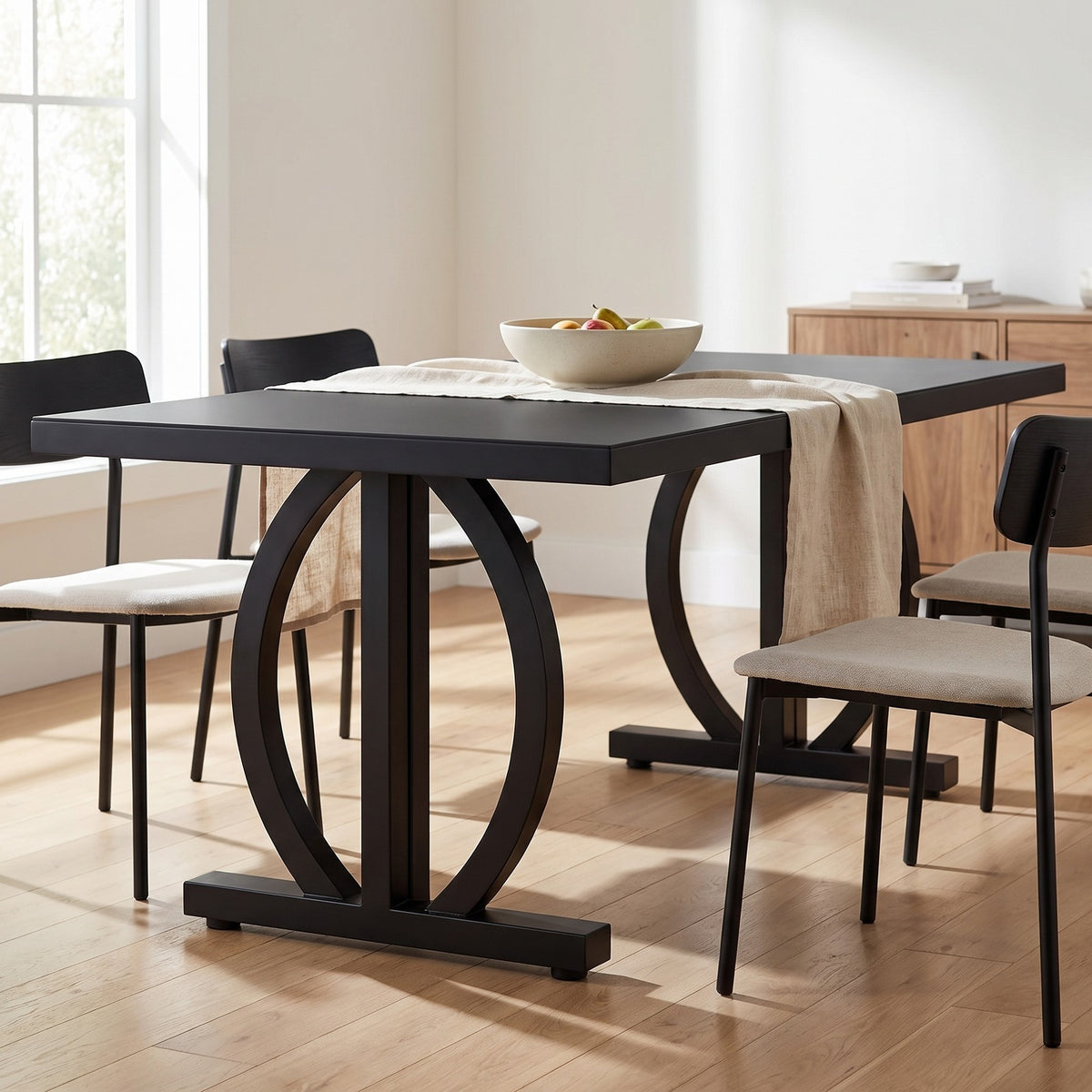 63" Dining Table, Modern Black Table with Curved Pedestal, Seats 6