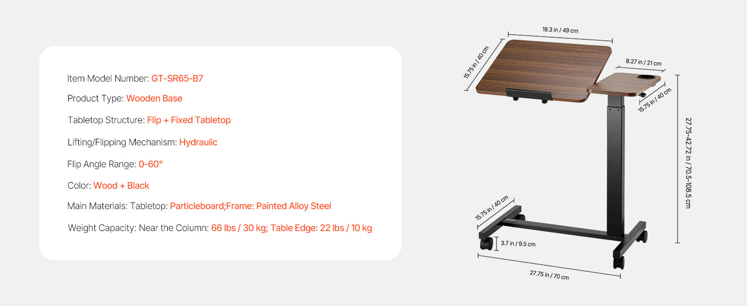 Walnut Mobile Laptop Table with Tilting Top & Casters for Bedside — Height-Adjustable Overbed Desk