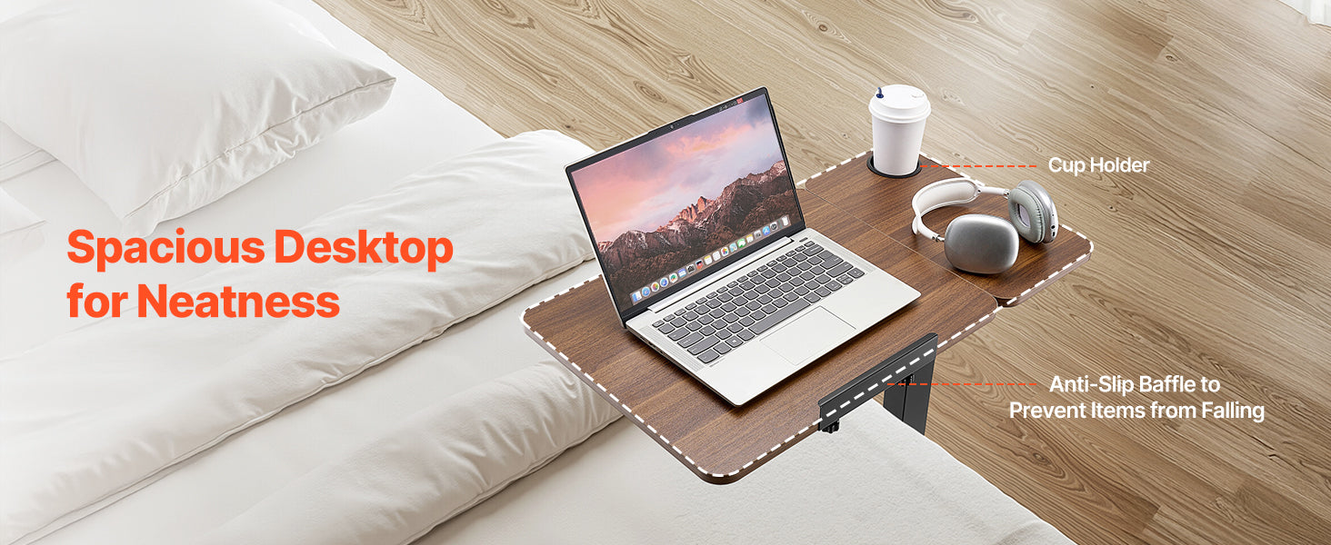 Walnut Mobile Laptop Table with Tilting Top & Casters for Bedside — Height-Adjustable Overbed Desk