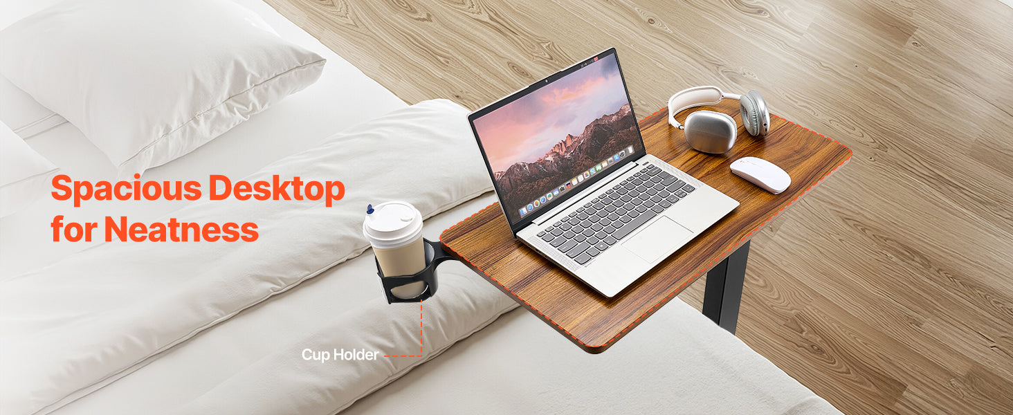 Walnut Mobile Laptop Table with Tilting Top & Casters for Bedside — Height-Adjustable Overbed Desk