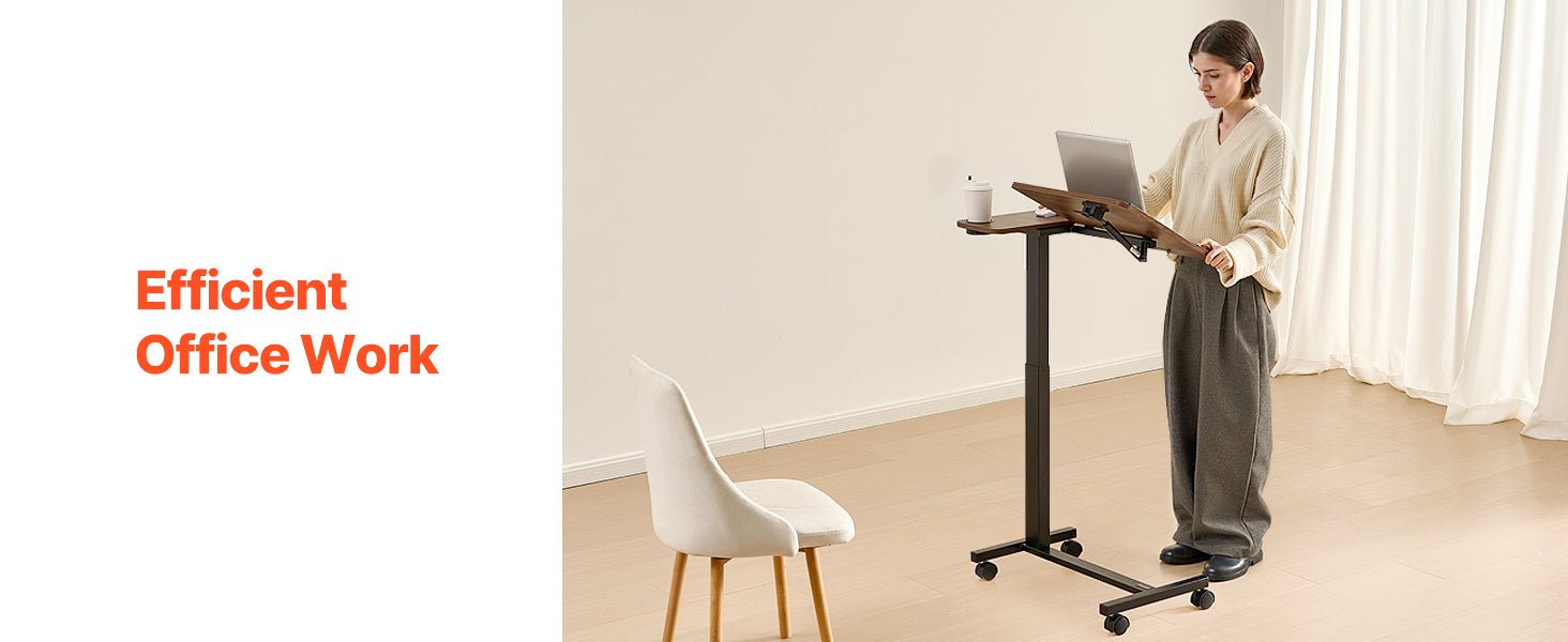 Walnut Mobile Laptop Table with Tilting Top & Casters for Bedside — Height-Adjustable Overbed Desk