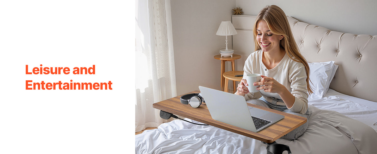 Walnut Mobile Laptop Table with Tilting Top & Casters for Bedside — Height-Adjustable Overbed Desk