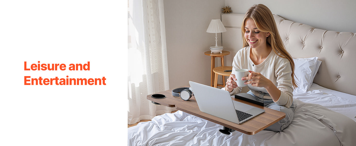 Walnut Mobile Laptop Table with Tilting Top & Casters for Bedside — Height-Adjustable Overbed Desk
