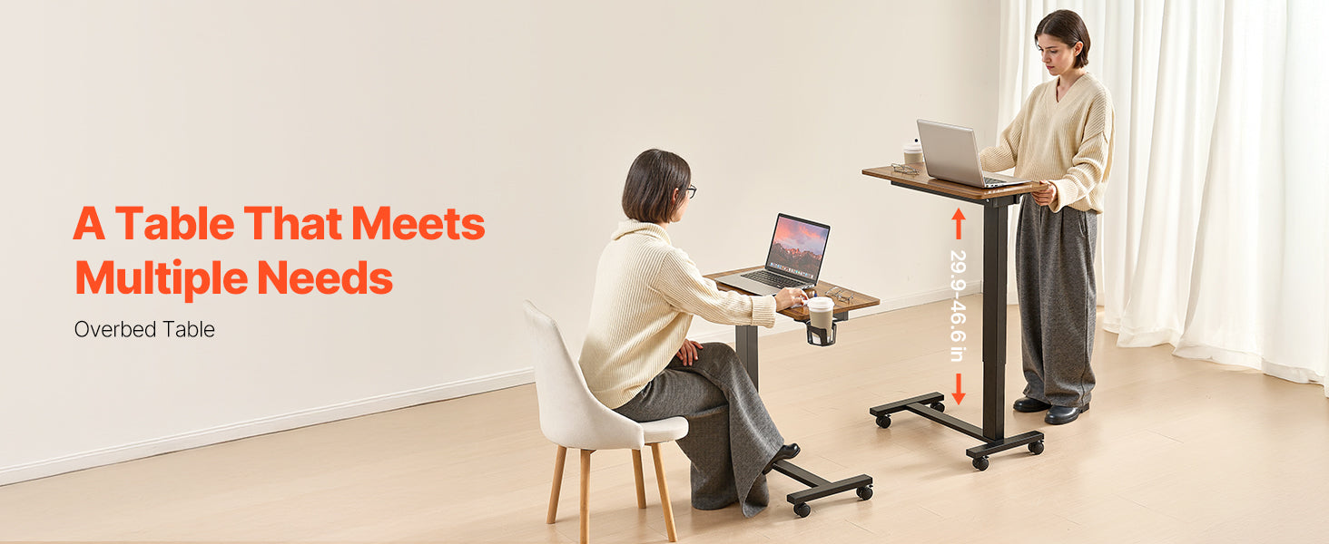 Walnut Mobile Laptop Table with Tilting Top & Casters for Bedside — Height-Adjustable Overbed Desk