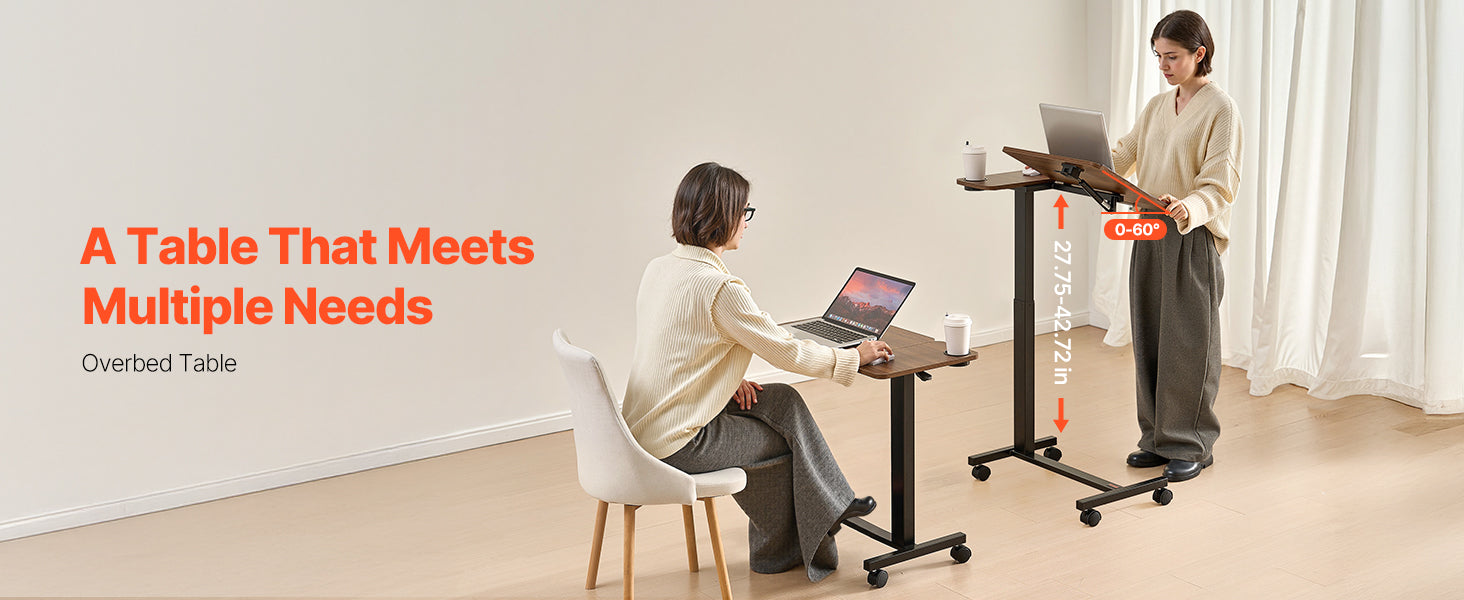 Walnut Mobile Laptop Table with Tilting Top & Casters for Bedside — Height-Adjustable Overbed Desk