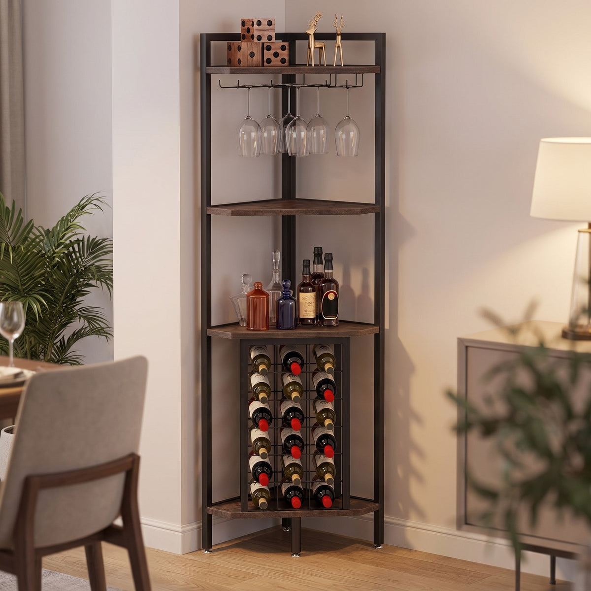 Corner Wine Rack Bar Cabinet, 63" Tall 4-Tier with Glass Holder