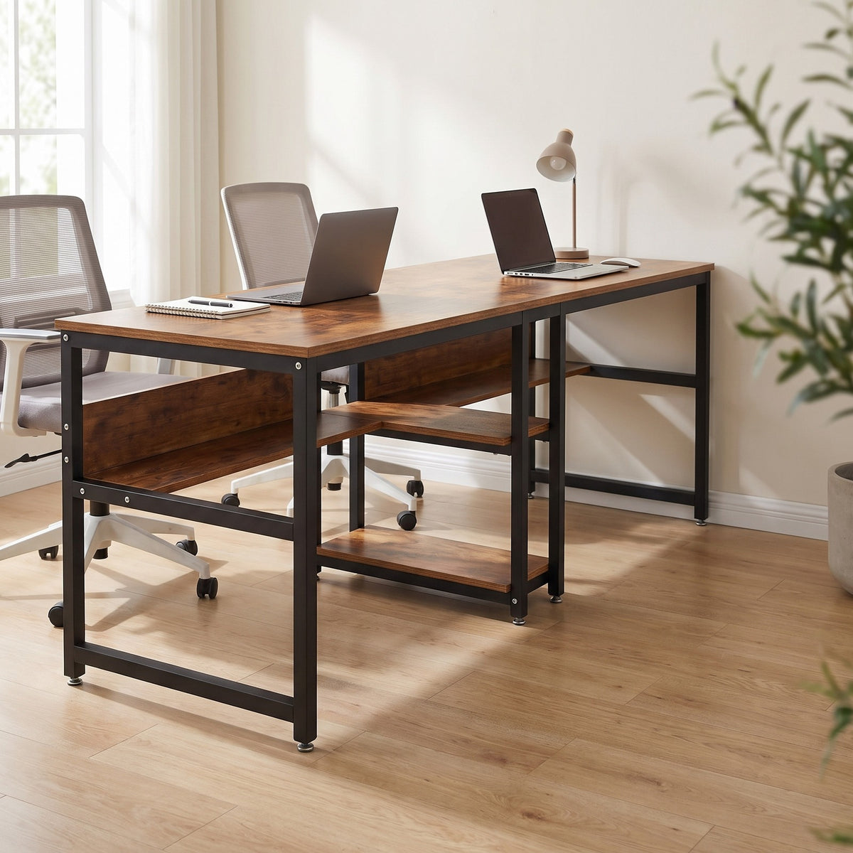 78.7" Two-Person Desk with Bookshelf, Double Home Office Workstation