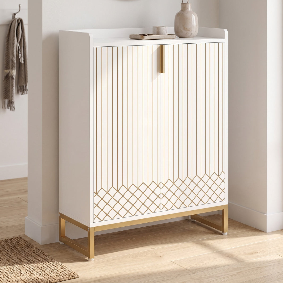 5-Tier Shoe Cabinet with Doors, White Gold-Accent Entryway Storage